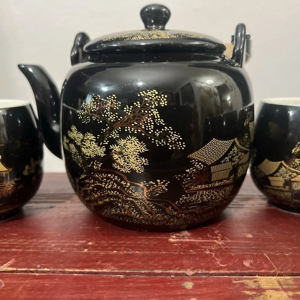 Vintage Dujust Japanese Tea Pot & 6 Cups Black & Gold House & Tree‎ Design